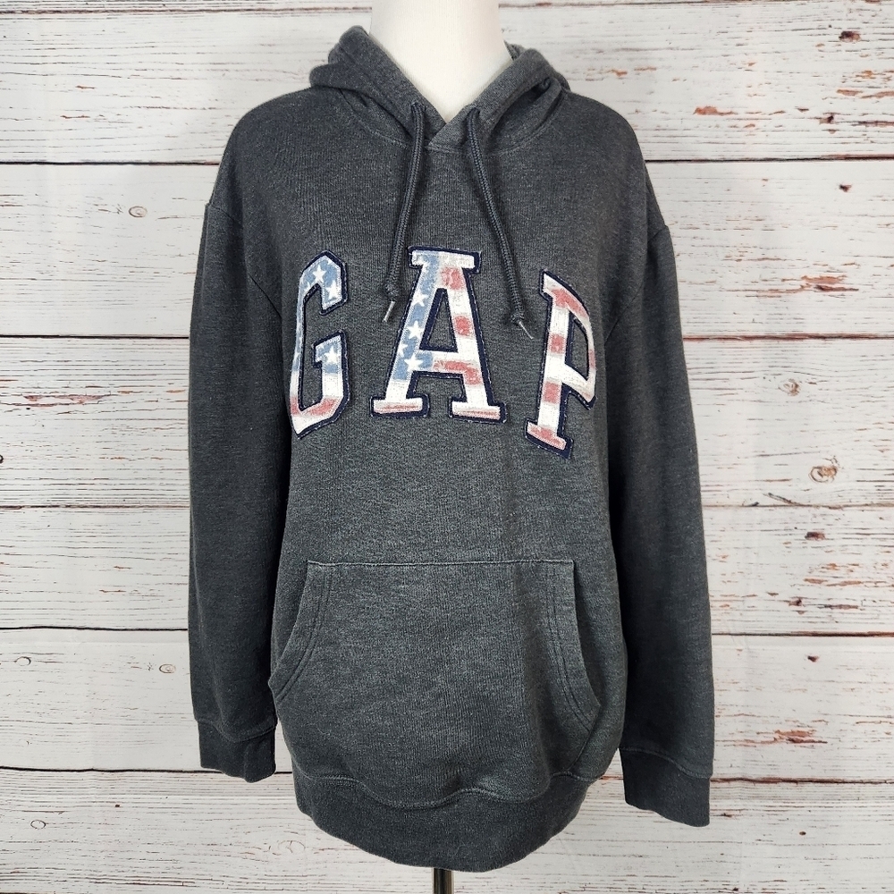 GAP Dark Gray Flag Print Hoodie Size M - Picture 1 of 6